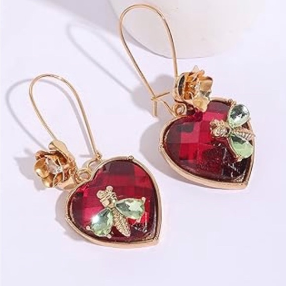 Stone Heart Drop Earrings | Red Faceted Stone | - Picture 2 of 3